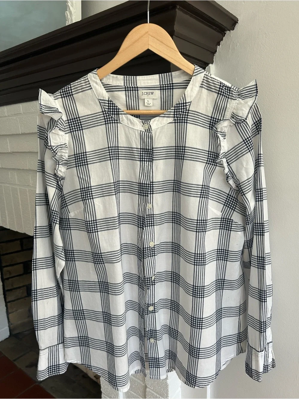 J. Crew White and Black Plaid Ruffle-Shoulder Button-Down Top